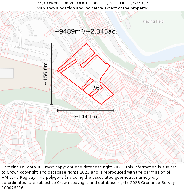 76, COWARD DRIVE, OUGHTIBRIDGE, SHEFFIELD, S35 0JP: Plot and title map