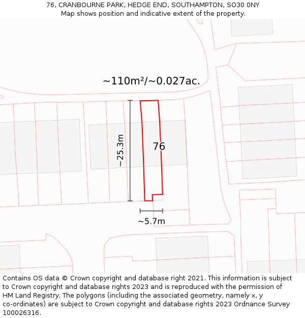 76, CRANBOURNE PARK, HEDGE END, SOUTHAMPTON, SO30 0NY: Plot and title map