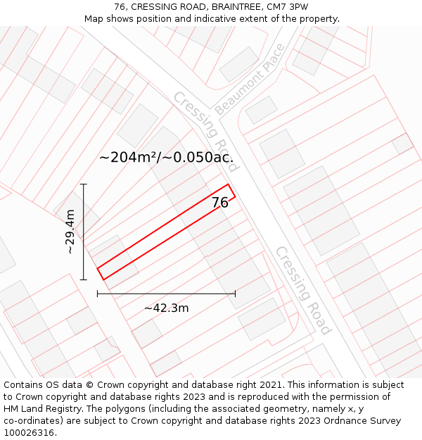 76, CRESSING ROAD, BRAINTREE, CM7 3PW: Plot and title map