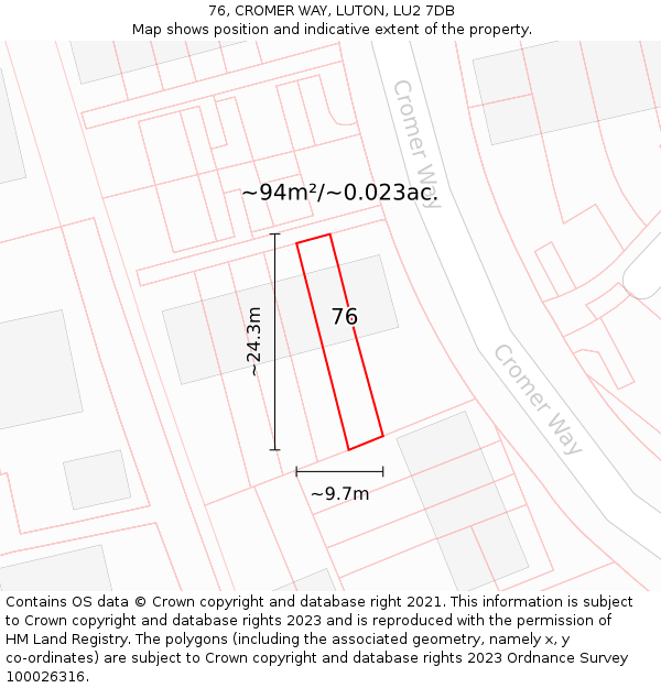 76, CROMER WAY, LUTON, LU2 7DB: Plot and title map