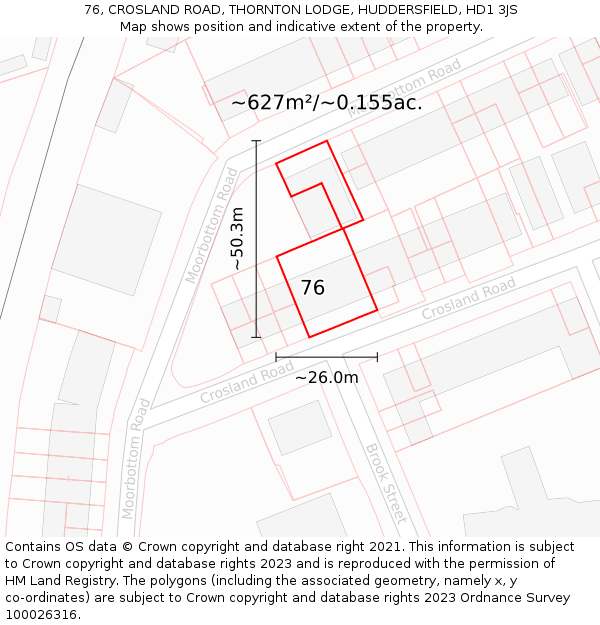 76, CROSLAND ROAD, THORNTON LODGE, HUDDERSFIELD, HD1 3JS: Plot and title map