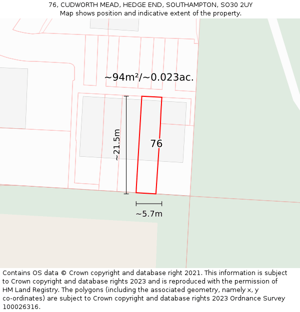 76, CUDWORTH MEAD, HEDGE END, SOUTHAMPTON, SO30 2UY: Plot and title map