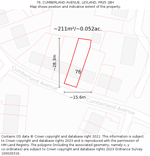 76, CUMBERLAND AVENUE, LEYLAND, PR25 1BH: Plot and title map