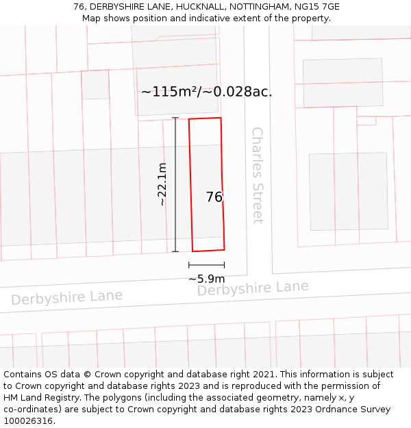 76, DERBYSHIRE LANE, HUCKNALL, NOTTINGHAM, NG15 7GE: Plot and title map