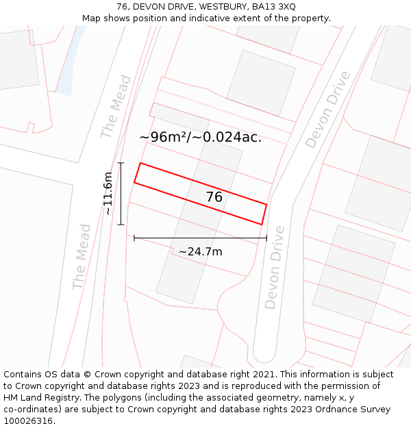 76, DEVON DRIVE, WESTBURY, BA13 3XQ: Plot and title map