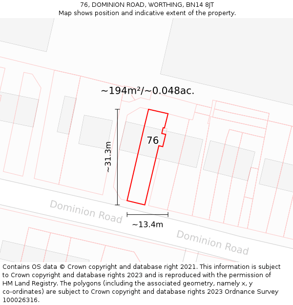 76, DOMINION ROAD, WORTHING, BN14 8JT: Plot and title map