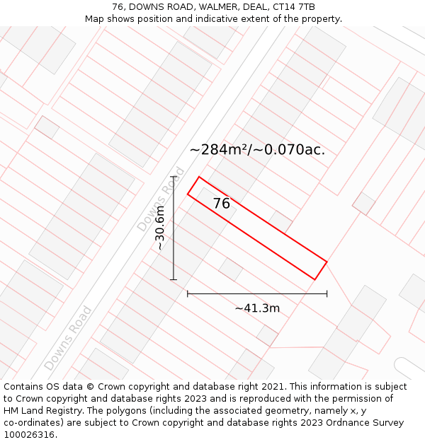 76, DOWNS ROAD, WALMER, DEAL, CT14 7TB: Plot and title map