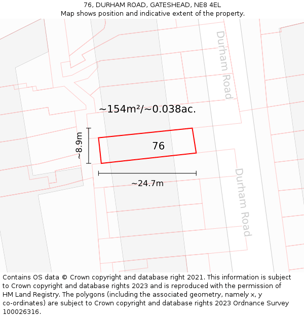 76, DURHAM ROAD, GATESHEAD, NE8 4EL: Plot and title map