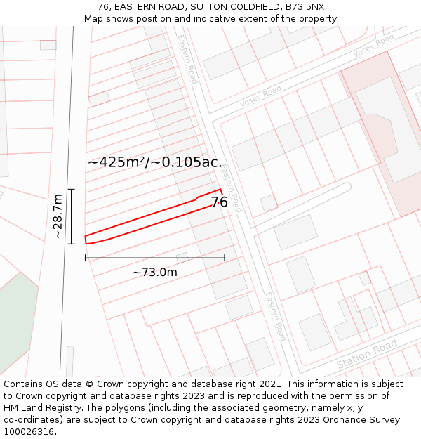 76, EASTERN ROAD, SUTTON COLDFIELD, B73 5NX: Plot and title map