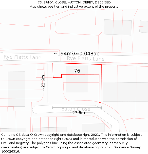 76, EATON CLOSE, HATTON, DERBY, DE65 5ED: Plot and title map