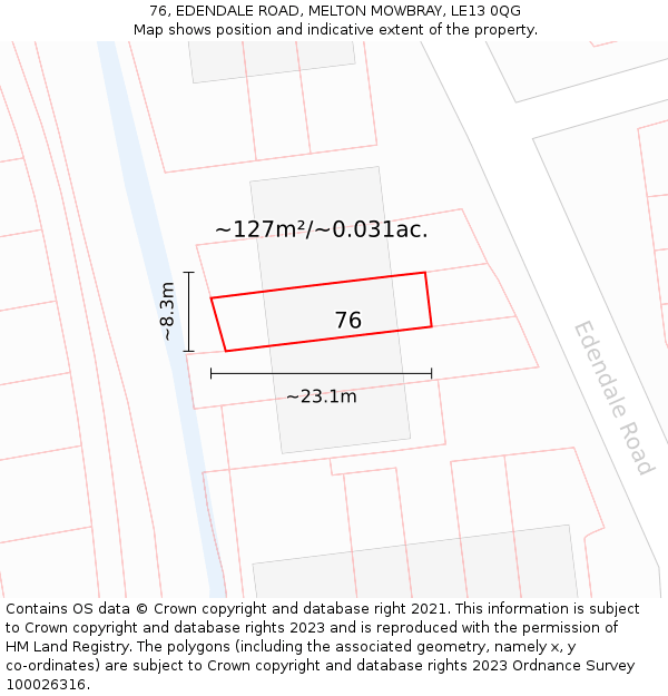 76, EDENDALE ROAD, MELTON MOWBRAY, LE13 0QG: Plot and title map