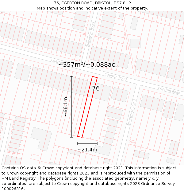 76, EGERTON ROAD, BRISTOL, BS7 8HP: Plot and title map