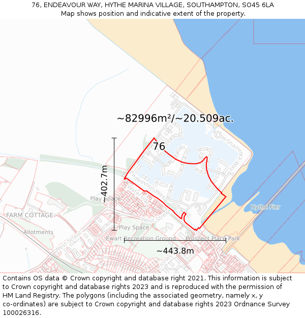76, ENDEAVOUR WAY, HYTHE MARINA VILLAGE, SOUTHAMPTON, SO45 6LA: Plot and title map