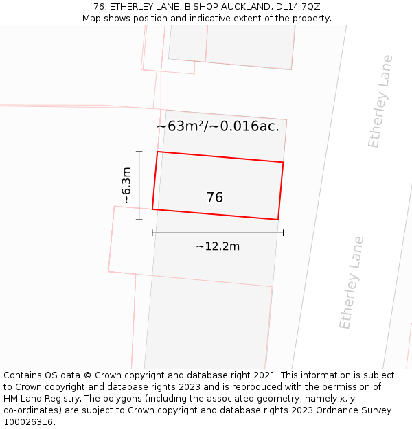 76, ETHERLEY LANE, BISHOP AUCKLAND, DL14 7QZ: Plot and title map
