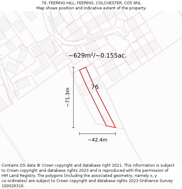 76, FEERING HILL, FEERING, COLCHESTER, CO5 9NL: Plot and title map