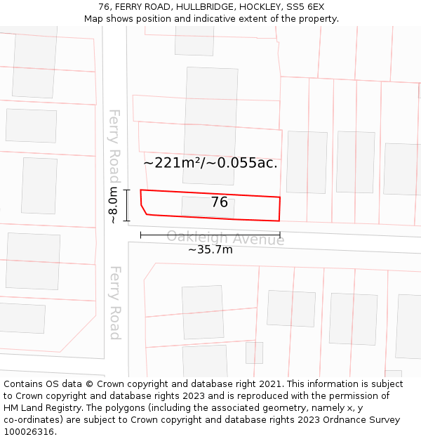 76, FERRY ROAD, HULLBRIDGE, HOCKLEY, SS5 6EX: Plot and title map