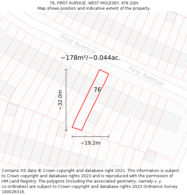 76, FIRST AVENUE, WEST MOLESEY, KT8 2QN: Plot and title map