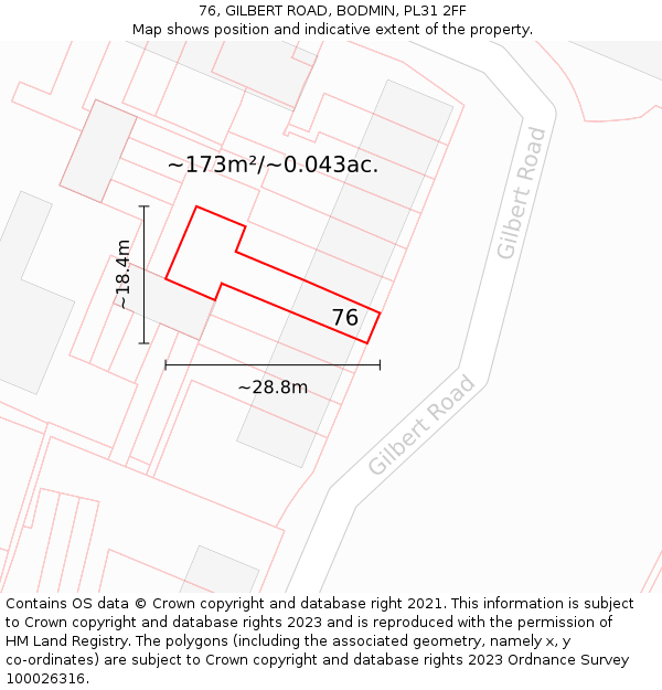76, GILBERT ROAD, BODMIN, PL31 2FF: Plot and title map