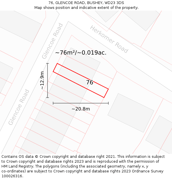76, GLENCOE ROAD, BUSHEY, WD23 3DS: Plot and title map