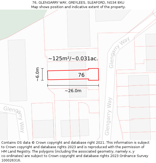 76, GLENGARRY WAY, GREYLEES, SLEAFORD, NG34 8XU: Plot and title map