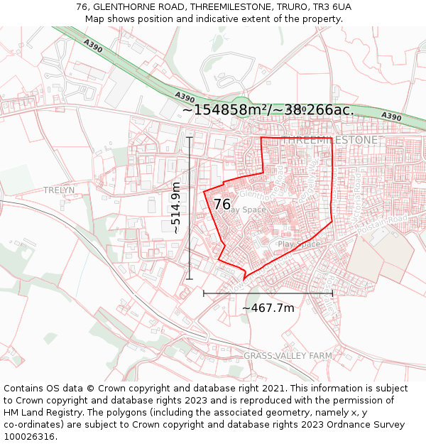 76, GLENTHORNE ROAD, THREEMILESTONE, TRURO, TR3 6UA: Plot and title map