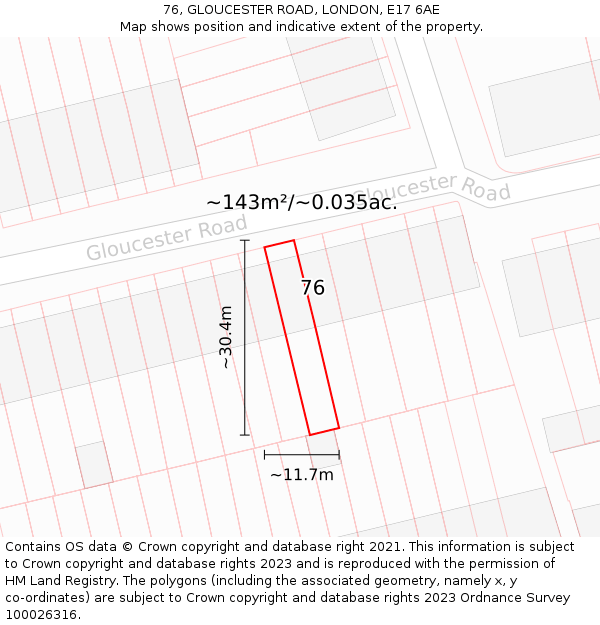 76, GLOUCESTER ROAD, LONDON, E17 6AE: Plot and title map