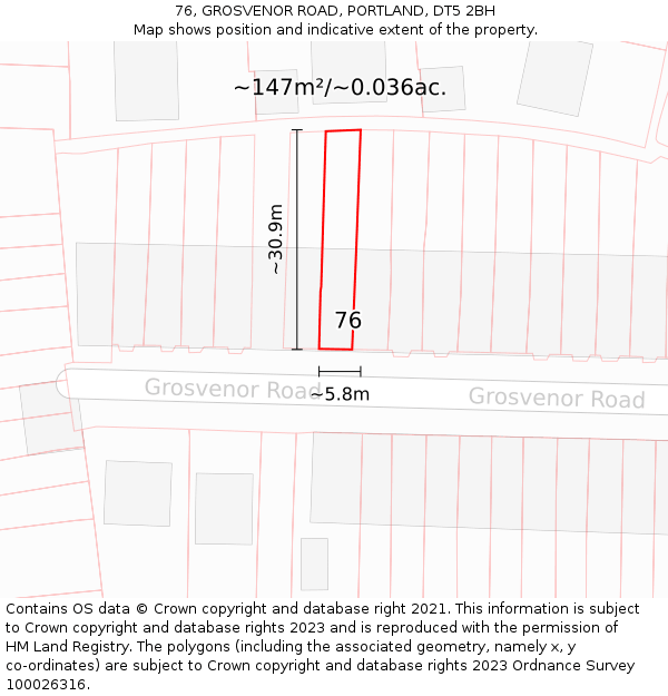 76, GROSVENOR ROAD, PORTLAND, DT5 2BH: Plot and title map