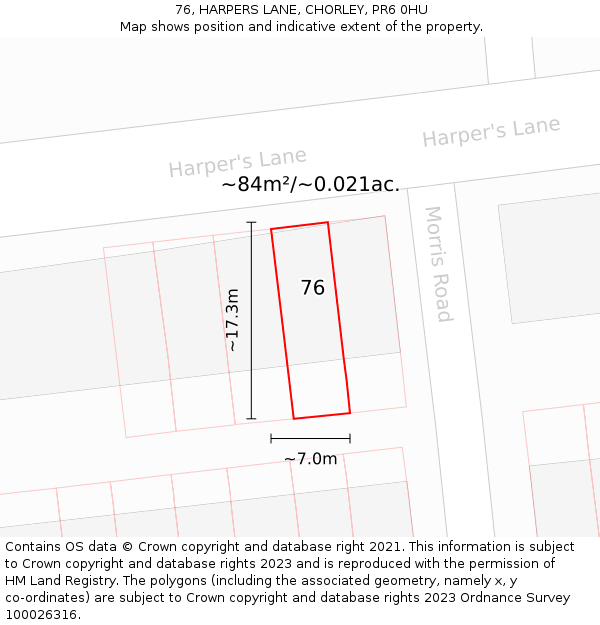 76, HARPERS LANE, CHORLEY, PR6 0HU: Plot and title map