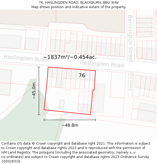 76, HASLINGDEN ROAD, BLACKBURN, BB2 3HW: Plot and title map