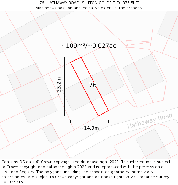 76, HATHAWAY ROAD, SUTTON COLDFIELD, B75 5HZ: Plot and title map