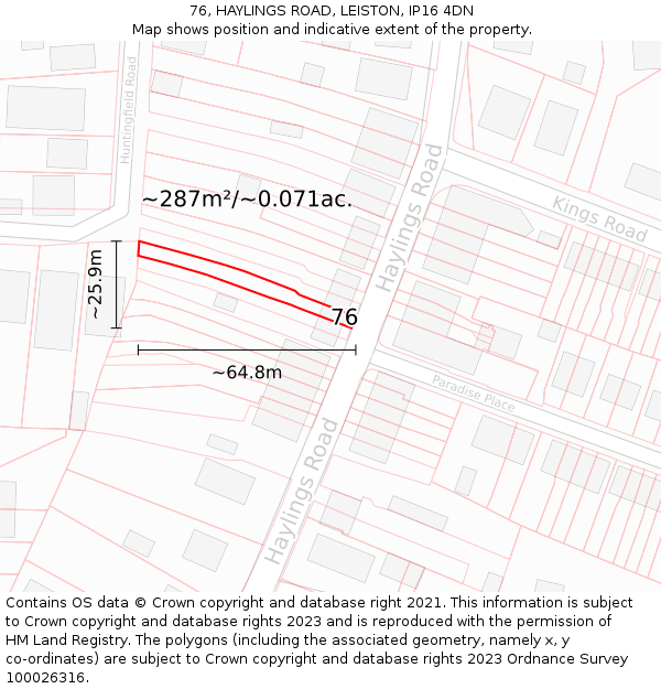 76, HAYLINGS ROAD, LEISTON, IP16 4DN: Plot and title map