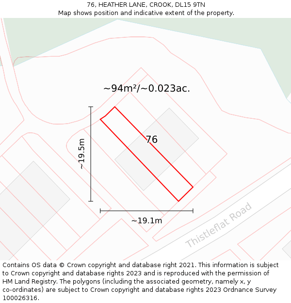 76, HEATHER LANE, CROOK, DL15 9TN: Plot and title map