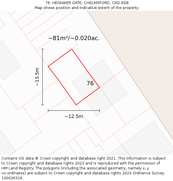 76, HENNIKER GATE, CHELMSFORD, CM2 6SB: Plot and title map