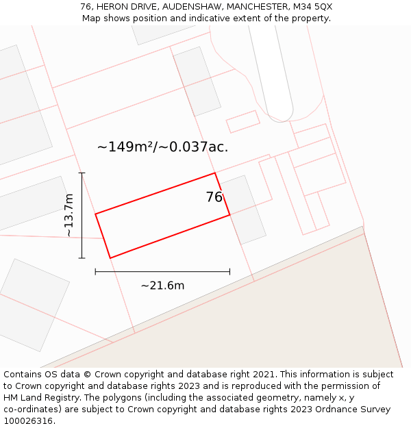 76, HERON DRIVE, AUDENSHAW, MANCHESTER, M34 5QX: Plot and title map