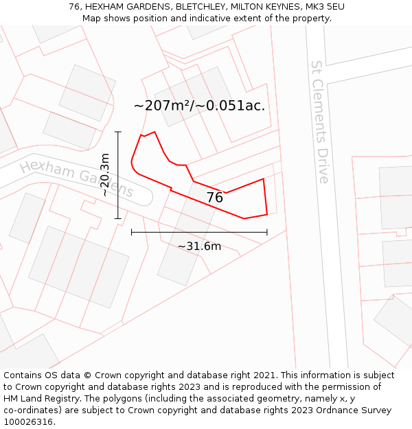 76, HEXHAM GARDENS, BLETCHLEY, MILTON KEYNES, MK3 5EU: Plot and title map