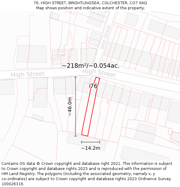 76, HIGH STREET, BRIGHTLINGSEA, COLCHESTER, CO7 0AQ: Plot and title map