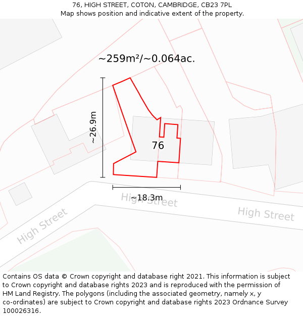 76, HIGH STREET, COTON, CAMBRIDGE, CB23 7PL: Plot and title map