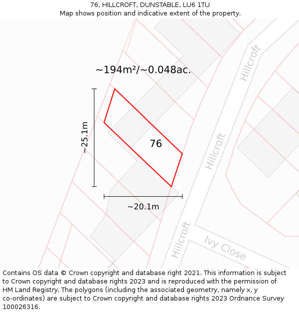76, HILLCROFT, DUNSTABLE, LU6 1TU: Plot and title map