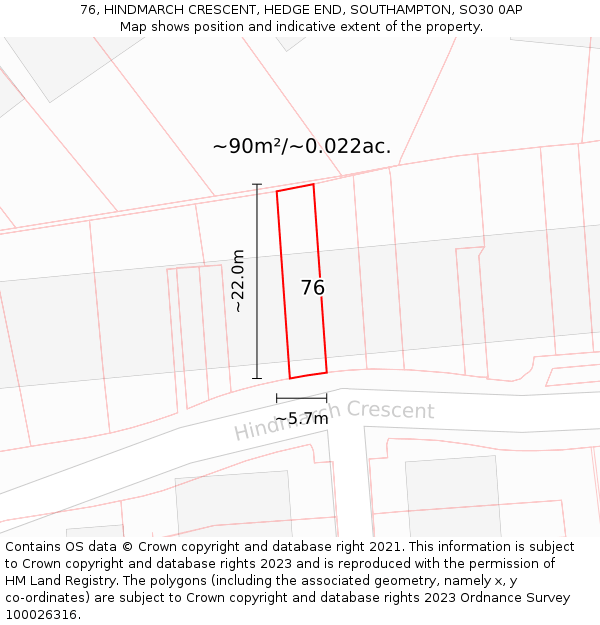 76, HINDMARCH CRESCENT, HEDGE END, SOUTHAMPTON, SO30 0AP: Plot and title map