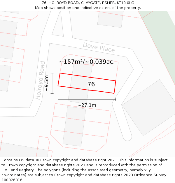 76, HOLROYD ROAD, CLAYGATE, ESHER, KT10 0LG: Plot and title map