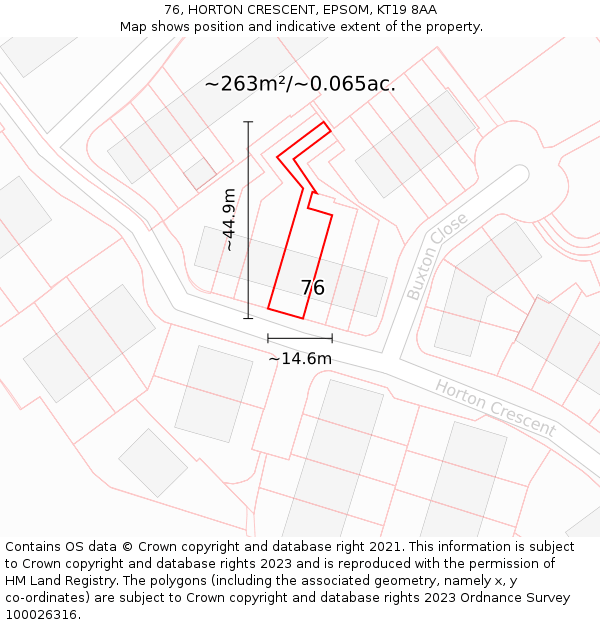 76, HORTON CRESCENT, EPSOM, KT19 8AA: Plot and title map
