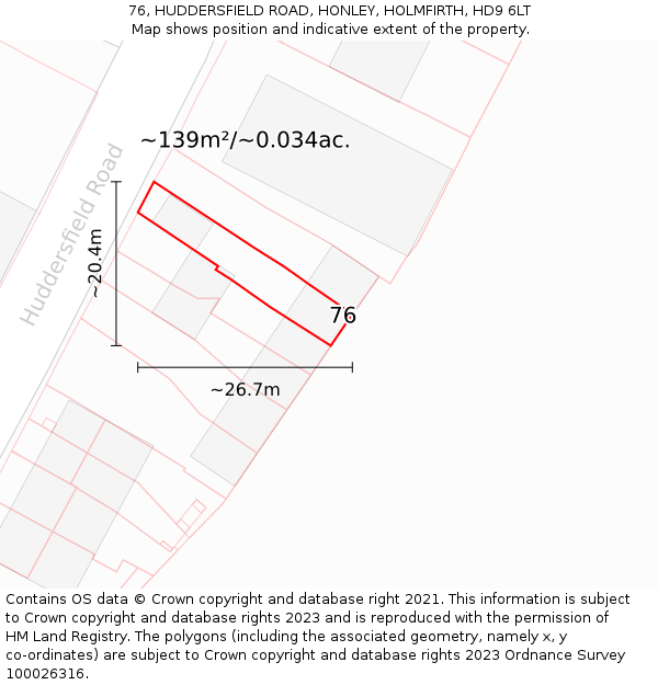 76, HUDDERSFIELD ROAD, HONLEY, HOLMFIRTH, HD9 6LT: Plot and title map