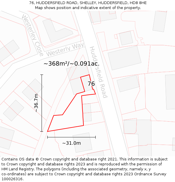 76, HUDDERSFIELD ROAD, SHELLEY, HUDDERSFIELD, HD8 8HE: Plot and title map