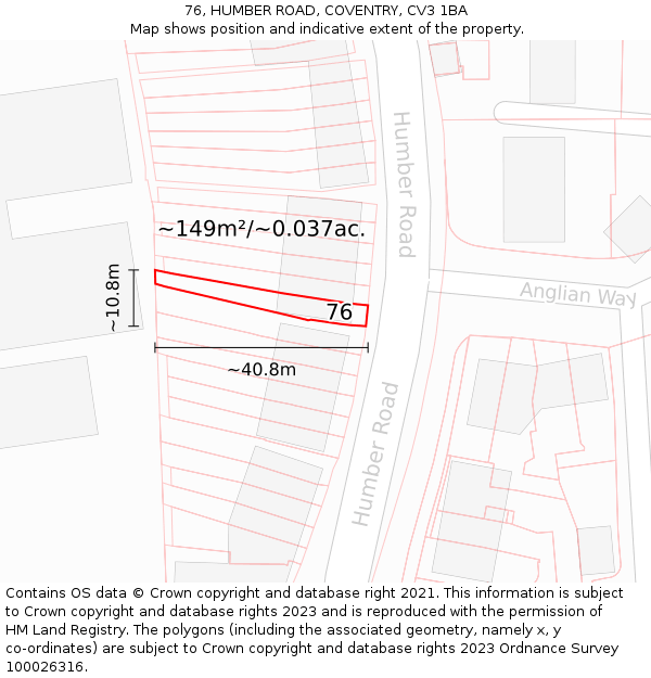 76, HUMBER ROAD, COVENTRY, CV3 1BA: Plot and title map