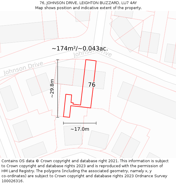 76, JOHNSON DRIVE, LEIGHTON BUZZARD, LU7 4AY: Plot and title map