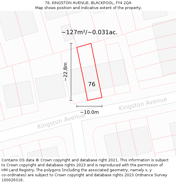 76, KINGSTON AVENUE, BLACKPOOL, FY4 2QA: Plot and title map