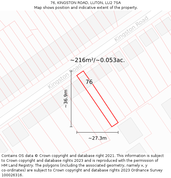 76, KINGSTON ROAD, LUTON, LU2 7SA: Plot and title map