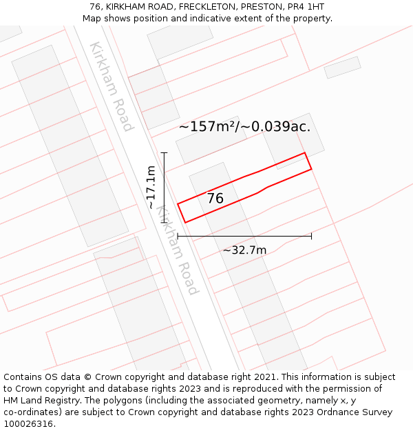 76, KIRKHAM ROAD, FRECKLETON, PRESTON, PR4 1HT: Plot and title map