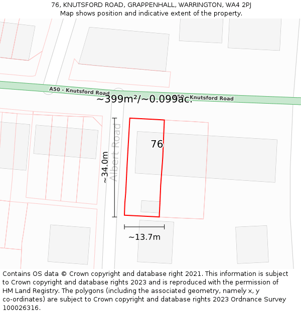 76, KNUTSFORD ROAD, GRAPPENHALL, WARRINGTON, WA4 2PJ: Plot and title map