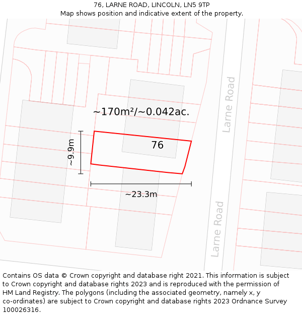 76, LARNE ROAD, LINCOLN, LN5 9TP: Plot and title map